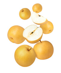 Asian pear (snow pear or nashi pear) falling in the air isolated on white background.