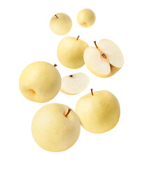Chinese pear (Asian pears) with cut half slice falling isolated on white background.