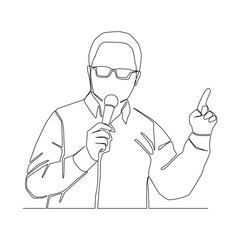 Continuous line of Businessman with glasses holding a microphone, left hand point up to the air. Man having speech in public vector.