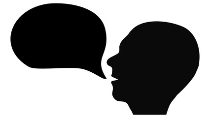 Silhouette of human head with empty speech bubble from mouth isolated on white background. Design element.