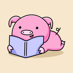 Cute pig reading book cartoon design