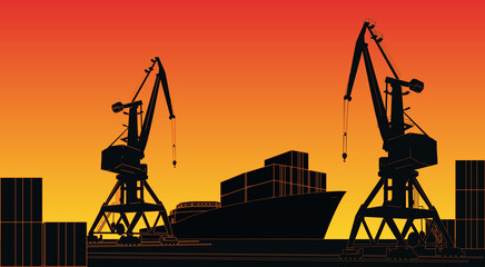 Silhouette commercial port with container ship at the pier and cargo cranes on background with sunset sky.