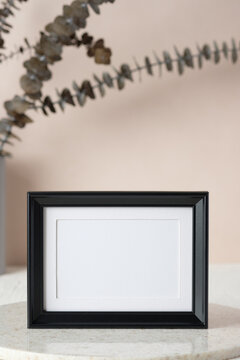 blank black photo frame mockup with eucalyptus brancch at peach wall