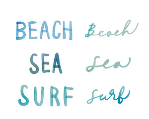 水彩画。水彩タッチの夏の英語メッセージロゴ。西海岸風ロゴ。Watercolor. Watercolor touch summer English message logo. West coast style logo.