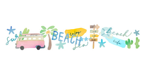 Fototapeta premium 水彩画。水彩タッチの西海岸風コラージュ素材。夏のバカンスイラスト。英語メッセージとヤシの木コラージュ。Watercolor painting. West coast style collage with watercolor touch. Summer vacation illustration. Palm tree collage with English message.