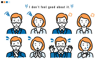 ネガティブな表情のスーツの男女 上半身 イラスト_オレンジと青