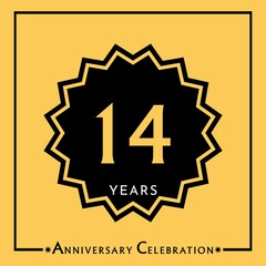 14 years anniversary celebration with black star isolated on yellow background. Creative design for happy birthday, wedding, graduation, event party, marriage, invitation card and greeting card.