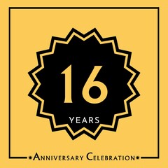 16 years anniversary celebration with black star isolated on yellow background. Creative design for happy birthday, wedding, graduation, event party, marriage, invitation card and greeting card.