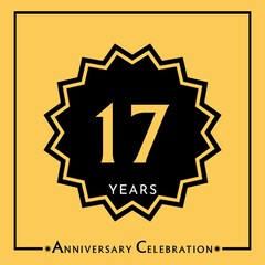 17 years anniversary celebration with black star isolated on yellow background. Creative design for happy birthday, wedding, graduation, event party, marriage, invitation card and greeting card.