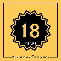 18 years anniversary celebration with black star isolated on yellow background. Creative design for happy birthday, wedding, graduation, event party, marriage, invitation card and greeting card.
