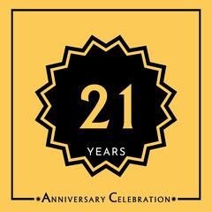 21 years anniversary celebration with black star isolated on yellow background. Creative design for happy birthday, wedding, graduation, event party, marriage, invitation card and greeting card.