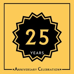 25 years anniversary celebration with black star isolated on yellow background. Creative design for happy birthday, wedding, graduation, event party, marriage, invitation card and greeting card.