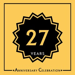 27 years anniversary celebration with black star isolated on yellow background. Creative design for happy birthday, wedding, graduation, event party, marriage, invitation card and greeting card.