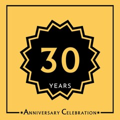 30 years anniversary celebration with black star isolated on yellow background. Creative design for happy birthday, wedding, graduation, event party, marriage, invitation card and greeting card.