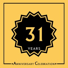 31 years anniversary celebration with black star isolated on yellow background. Creative design for happy birthday, wedding, graduation, event party, marriage, invitation card and greeting card.