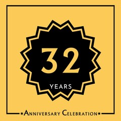 32 years anniversary celebration with black star isolated on yellow background. Creative design for happy birthday, wedding, graduation, event party, marriage, invitation card and greeting card.