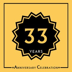 33 years anniversary celebration with black star isolated on yellow background. Creative design for happy birthday, wedding, graduation, event party, marriage, invitation card and greeting card.