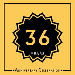 36 years anniversary celebration with black star isolated on yellow background. Creative design for happy birthday, wedding, graduation, event party, marriage, invitation card and greeting card.