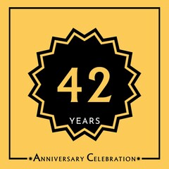 42 years anniversary celebration with black star isolated on yellow background. Creative design for happy birthday, wedding, graduation, event party, marriage, invitation card and greeting card.