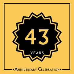 Obraz premium 43 years anniversary celebration with black star isolated on yellow background. Creative design for happy birthday, wedding, graduation, event party, marriage, invitation card and greeting card.