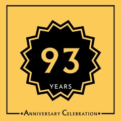 93 years anniversary celebration with black star isolated on yellow background. Creative design for happy birthday, wedding, graduation, event party, marriage, invitation card and greeting card.