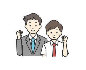 ガッツポーズをしている先生と男子学生のイラスト（夏服）