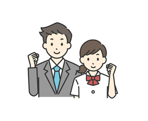 ガッツポーズをしている先生と女子学生のイラスト（夏服）