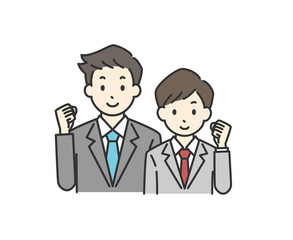 ガッツポーズをしている先生と男子学生のイラスト