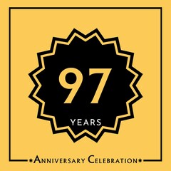 97 years anniversary celebration with black star isolated on yellow background. Creative design for happy birthday, wedding, graduation, event party, marriage, invitation card and greeting card.