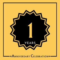 1 years anniversary celebration with black star isolated on yellow background. Creative design for happy birthday, wedding, graduation, event party, marriage, invitation card and greeting card.