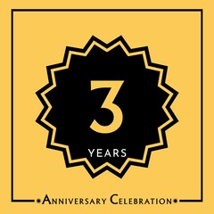 3 years anniversary celebration with black star isolated on yellow background. Creative design for happy birthday, wedding, graduation, event party, marriage, invitation card and greeting card.