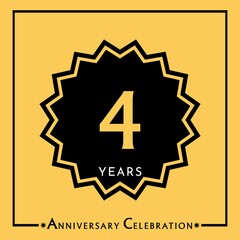 Obraz premium 4 years anniversary celebration with black star isolated on yellow background. Creative design for happy birthday, wedding, graduation, event party, marriage, invitation card and greeting card.