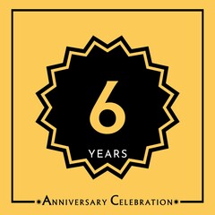 6 years anniversary celebration with black star isolated on yellow background. Creative design for happy birthday, wedding, graduation, event party, marriage, invitation card and greeting card.