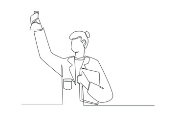 Simple continuous line drawing girl student seeing flask for experiment in science laboratory. Subjects concept in school and university. Continuous line draw design graphic vector illustration.