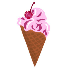 Sweet cherry ice-cream in waffle cone on white background