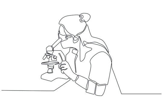 Simple continuous line drawing young woman seeing through microscope in science laboratory. Subjects concept in school and university. Continuous line draw design graphic vector illustration.