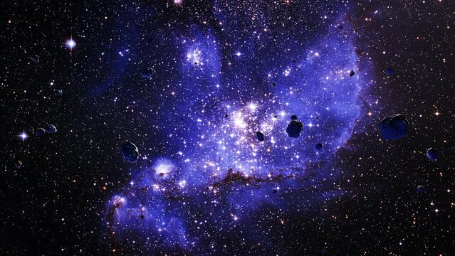 Galaxy space flight exploration space rock scence at The Small Magellanic Cloud Galaxy 4K looping animation of flying through glowing nebulae, clouds and stars field. 