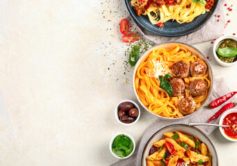 Italian pasta assortment on light background.