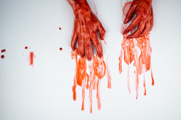 Female hands in blood on a white background. 