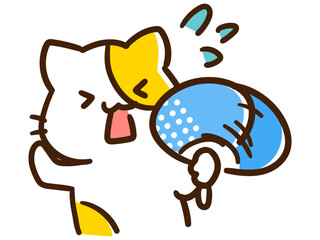 暑くてうちわで仰ぐかわいいねこのデフォルメイラスト