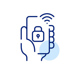Smart home security and remote lock control using smartphone app. Pixel perfect, editable stroke line art icon