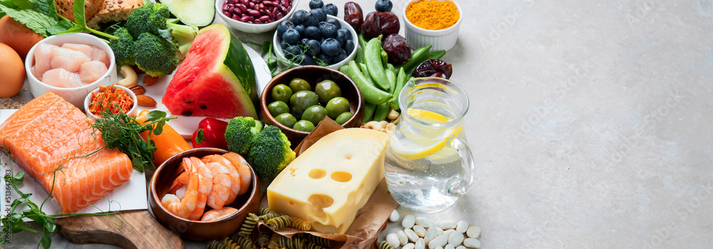 Poster Healthy food assortment on light background.