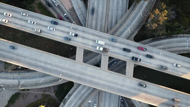 Aerial shot of a 4 level freeway interchange in Los Angeles