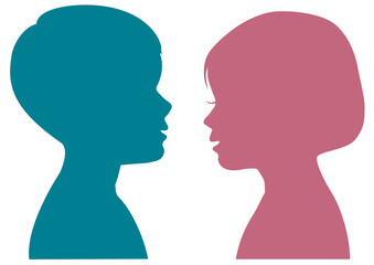 子供の向かい合った横顔シルエット
