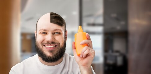 Young guy using serum for hair growth in bathroom