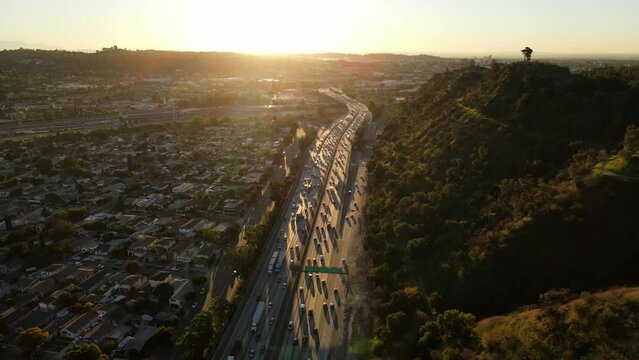 Aerial shot of the 5 freeway as it runs through the Elysian Valley in Los Angeles