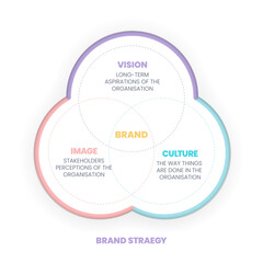 The vector illustration of the brand strategy venn diagram has vison, image and culture is key to helping to compete successfully. Brand culture and business strategy concept.Infographic presentation.
