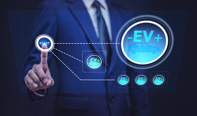 Start EV car concept on application mobile technology, Electric car virtual reality concept EV charging station for green energy and eco power.