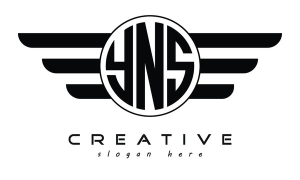 YNS three letter circle with wings logo design vector template. wordmark logo | emblem logo | monogram logo | initial letter logo | typography logo | business logo | minimalist logo |