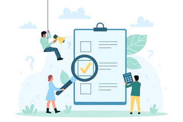 Online survey, test form with checklist and result vector illustration. Cartoon tiny people looking through loupe on approved document with checkbox, control analysis from team of man and woman